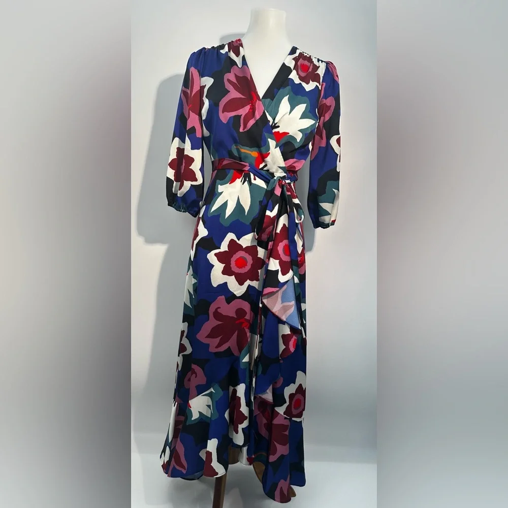 Sam Edelman Matisse Floral Faux Wrap Midi Dress Cobalt Multi 3/4 Sleeve - Picture 4 of 11